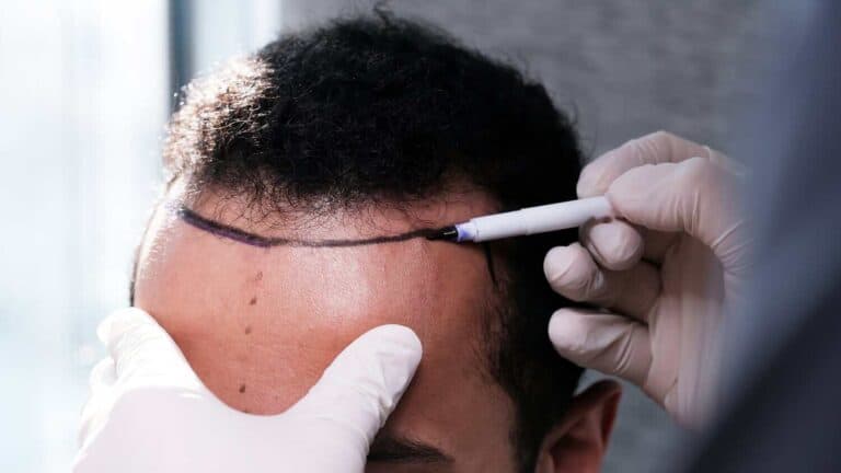 Doctor planning and marking patient's hairline before hair transplant