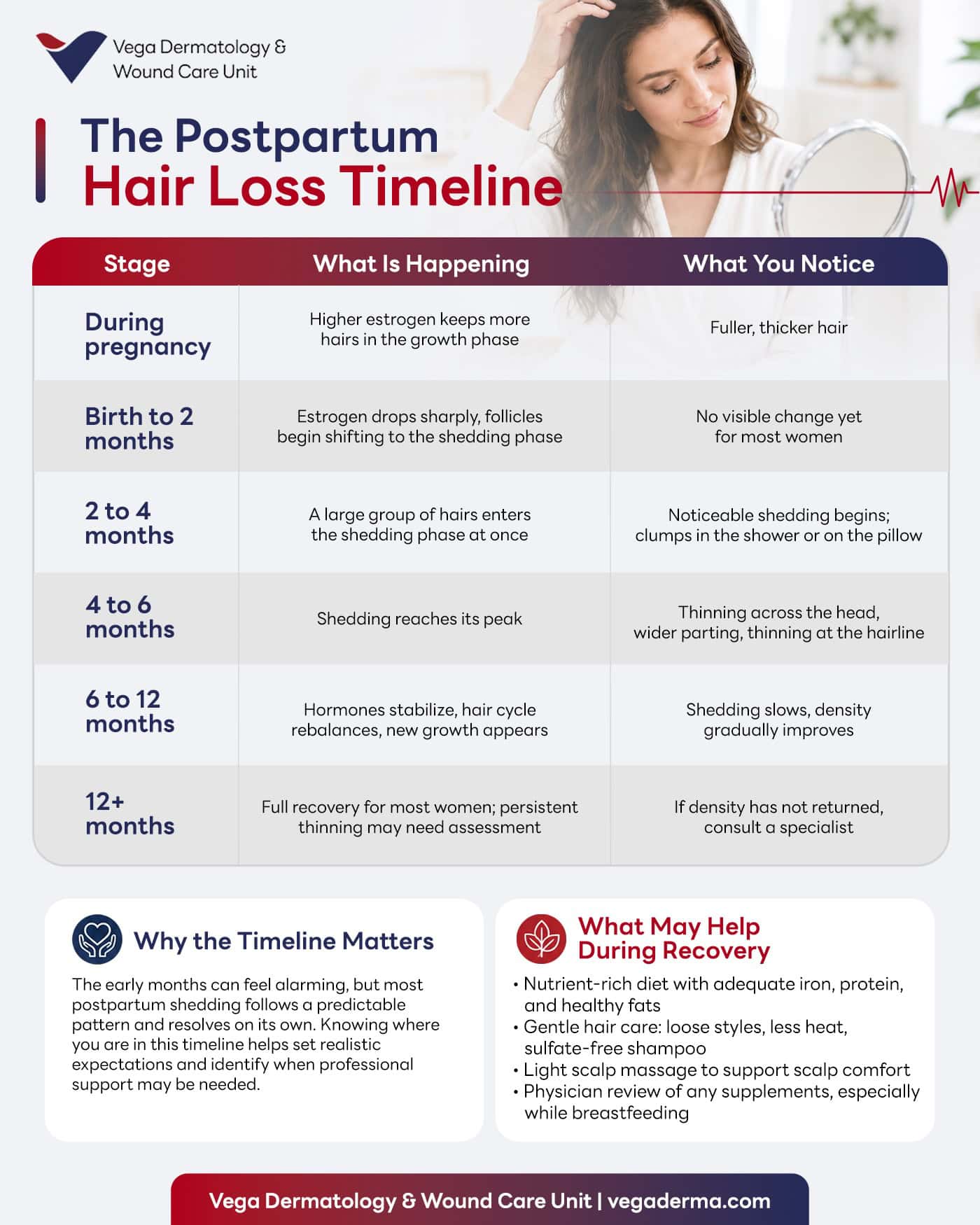 Postpartum hair loss timeline from pregnancy through recovery and regrowth