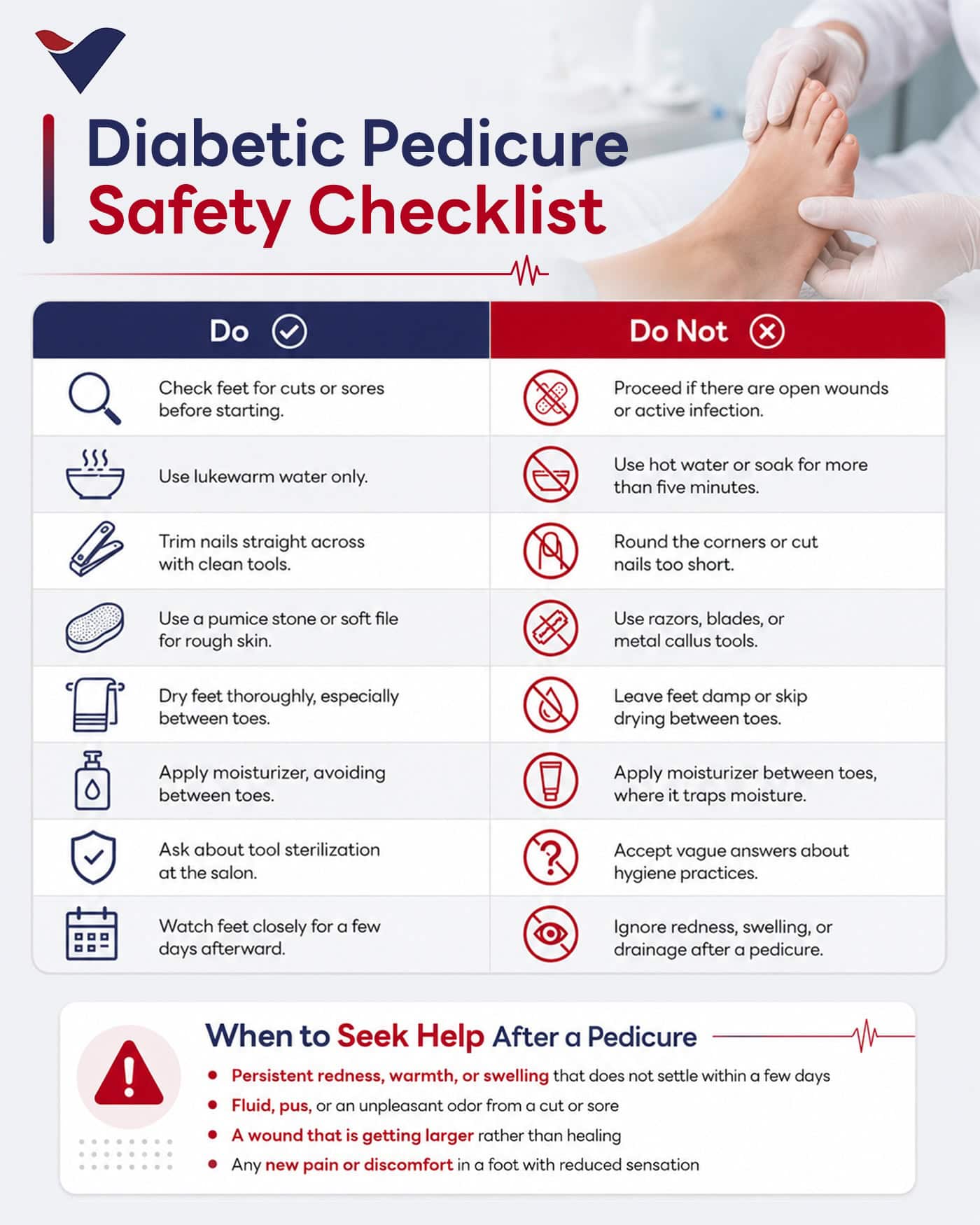 Infographic showing dos and don'ts checklist for diabetic pedicures at home and in salons
