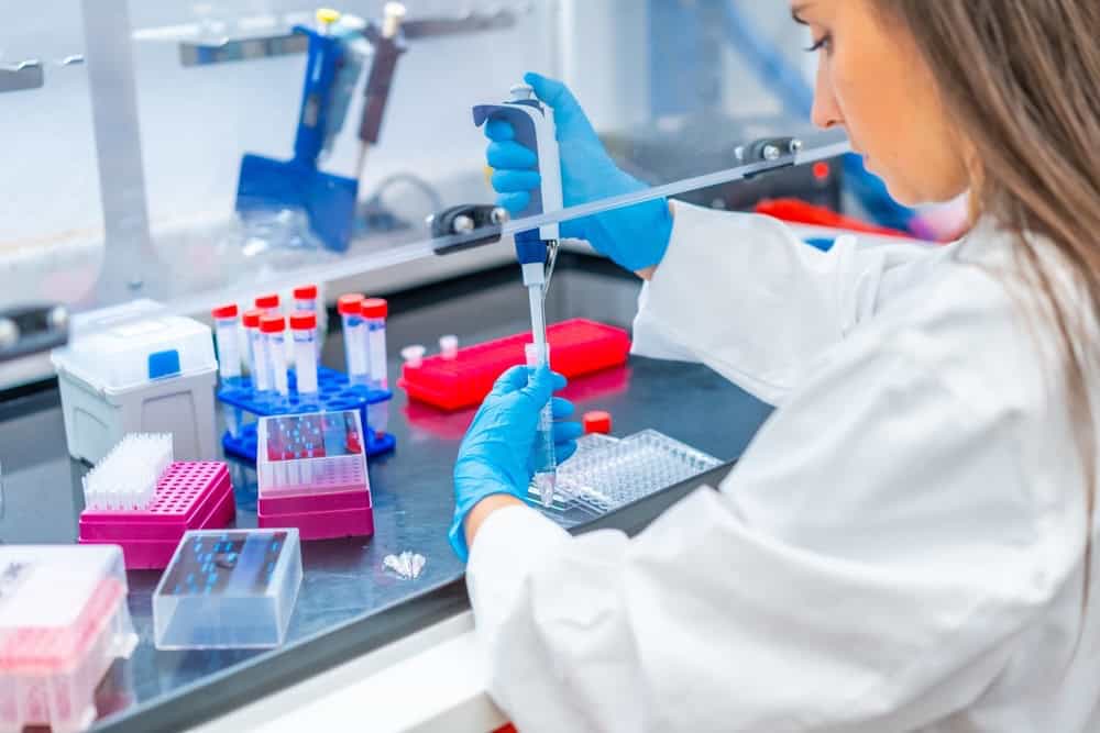 A lab professional testing cells for the CD90 cell-surface marker.