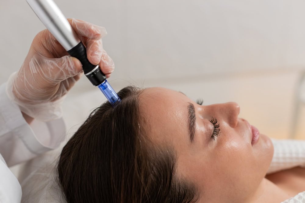 Clinician performs microneedling as part of hair loss therapy to support scalp health